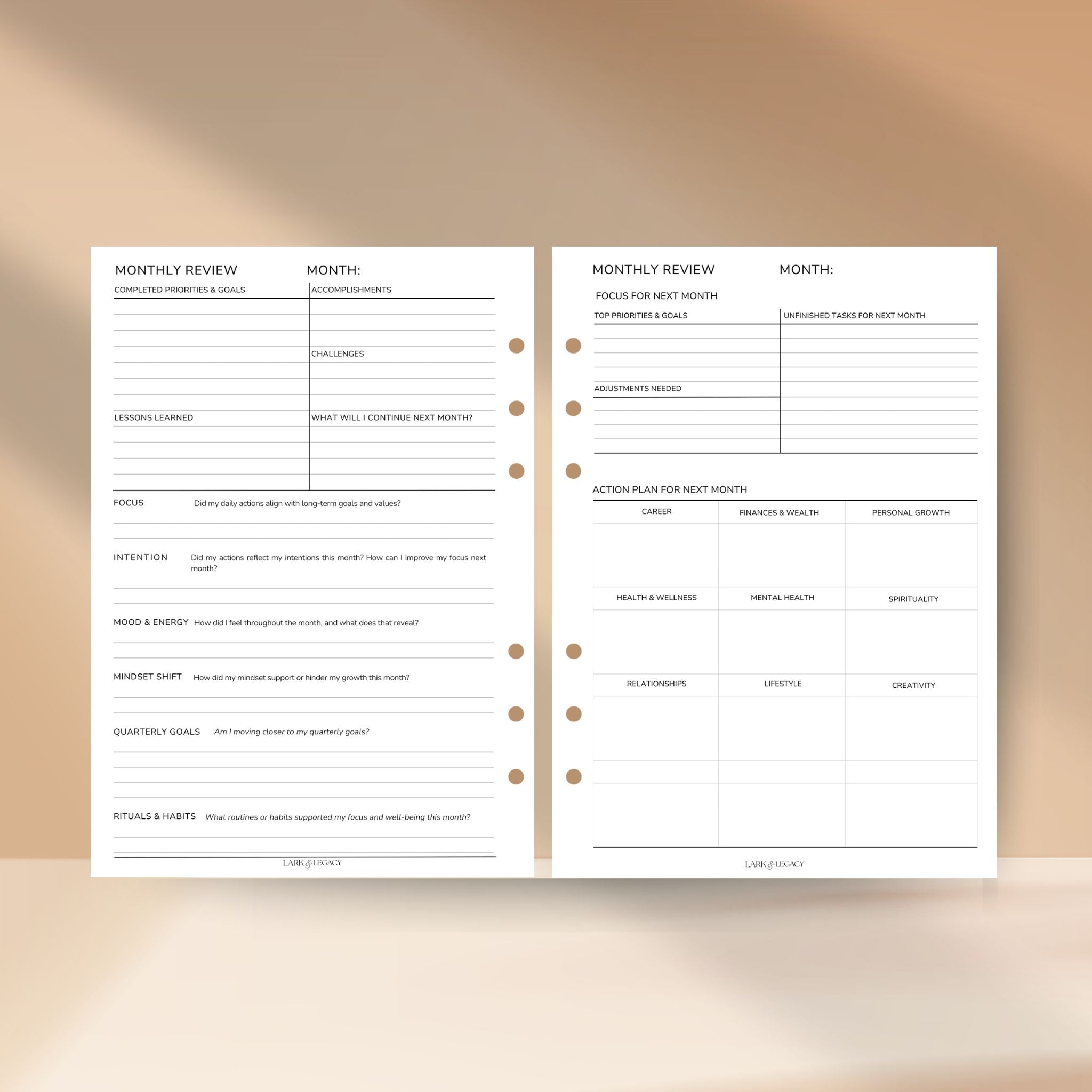 File Monthly Monthly Calendar Insert Set – w/ Focus + Review Layout – Lark & Legacy